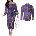 Melbourne Storm Couples Matching Off The Shoulder Long Sleeve Dress and Long Sleeve Button Shirt Polynesian Tribal Tattoo Pacific Sport Art