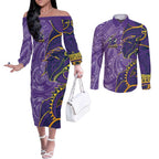 Melbourne Storm Couples Matching Off The Shoulder Long Sleeve Dress and Long Sleeve Button Shirt Polynesian Tribal Tattoo Pacific Sport Art