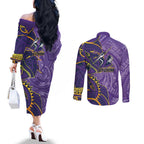 Melbourne Storm Couples Matching Off The Shoulder Long Sleeve Dress and Long Sleeve Button Shirt Polynesian Tribal Tattoo Pacific Sport Art