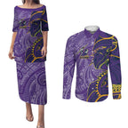 Melbourne Storm Couples Matching Puletasi and Long Sleeve Button Shirt Polynesian Tribal Tattoo Pacific Sport Art
