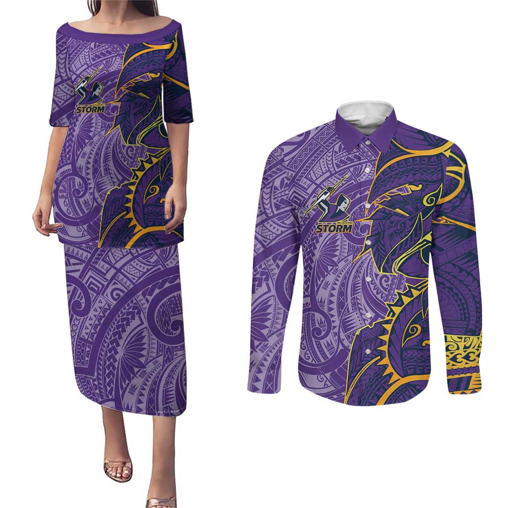 Melbourne Storm Couples Matching Puletasi and Long Sleeve Button Shirt Polynesian Tribal Tattoo Pacific Sport Art