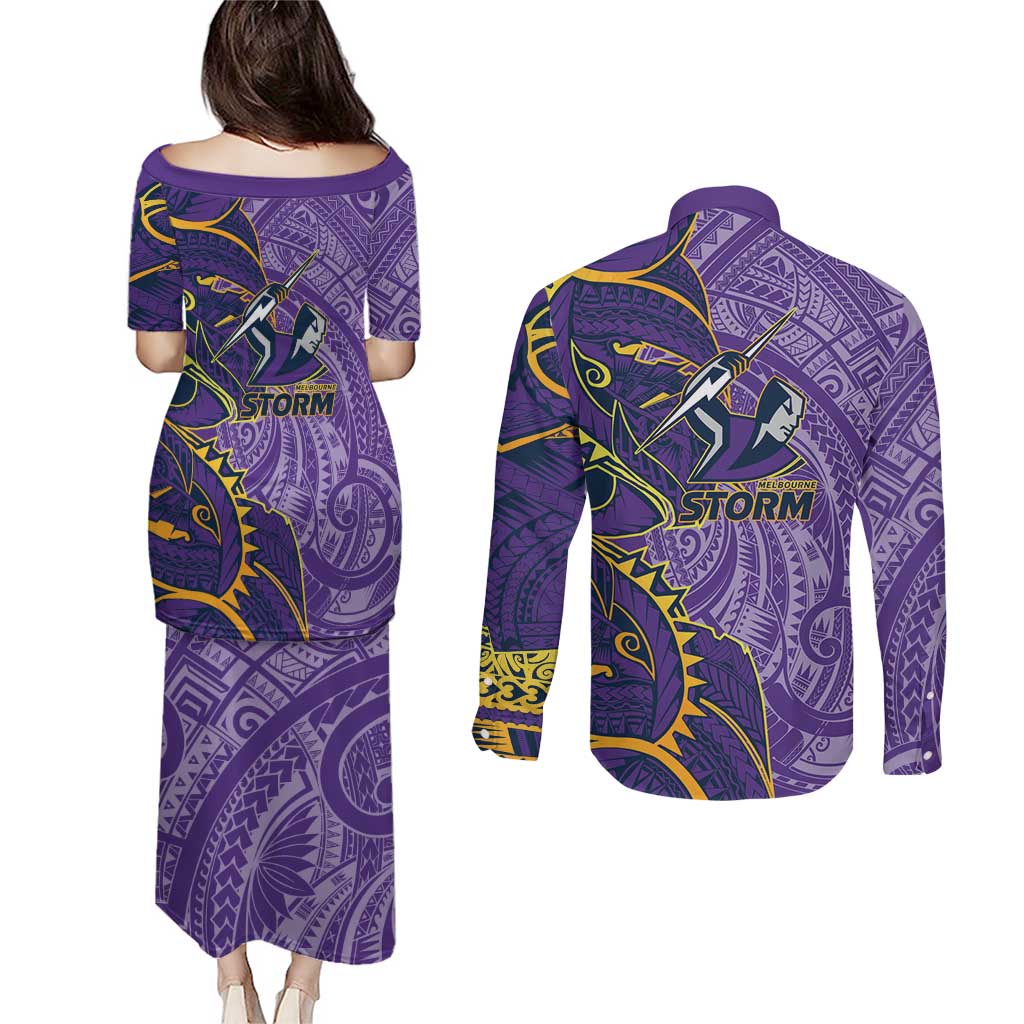 Melbourne Storm Couples Matching Puletasi and Long Sleeve Button Shirt Polynesian Tribal Tattoo Pacific Sport Art