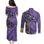 Melbourne Storm Couples Matching Puletasi and Long Sleeve Button Shirt Polynesian Tribal Tattoo Pacific Sport Art