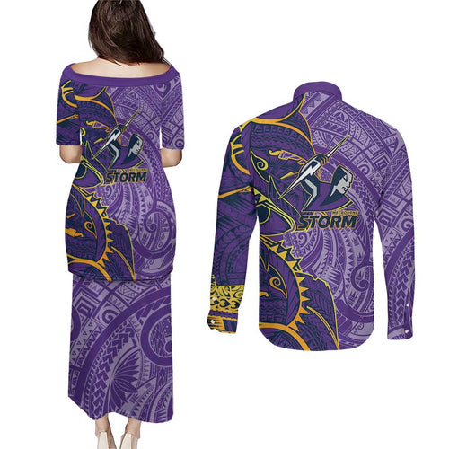 Melbourne Storm Couples Matching Puletasi and Long Sleeve Button Shirt Polynesian Tribal Tattoo Pacific Sport Art