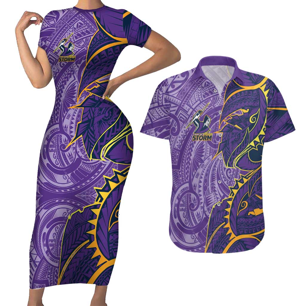 Melbourne Storm Couples Matching Short Sleeve Bodycon Dress and Hawaiian Shirt Polynesian Tribal Tattoo Pacific Sport Art