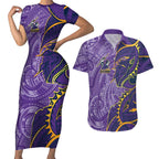 Melbourne Storm Couples Matching Short Sleeve Bodycon Dress and Hawaiian Shirt Polynesian Tribal Tattoo Pacific Sport Art