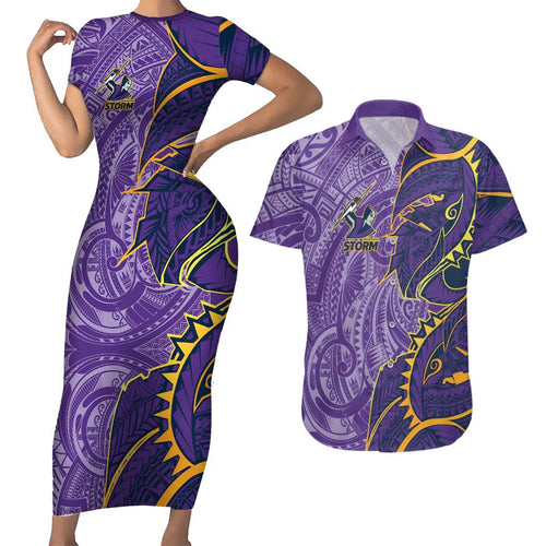 Melbourne Storm Couples Matching Short Sleeve Bodycon Dress and Hawaiian Shirt Polynesian Tribal Tattoo Pacific Sport Art