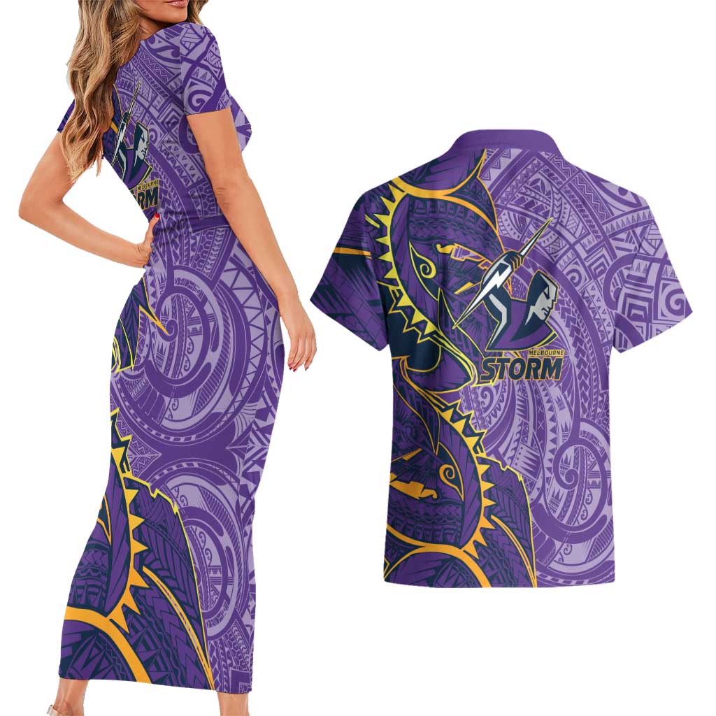 Melbourne Storm Couples Matching Short Sleeve Bodycon Dress and Hawaiian Shirt Polynesian Tribal Tattoo Pacific Sport Art