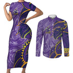 Melbourne Storm Couples Matching Short Sleeve Bodycon Dress and Long Sleeve Button Shirt Polynesian Tribal Tattoo Pacific Sport Art