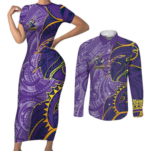 Melbourne Storm Couples Matching Short Sleeve Bodycon Dress and Long Sleeve Button Shirt Polynesian Tribal Tattoo Pacific Sport Art