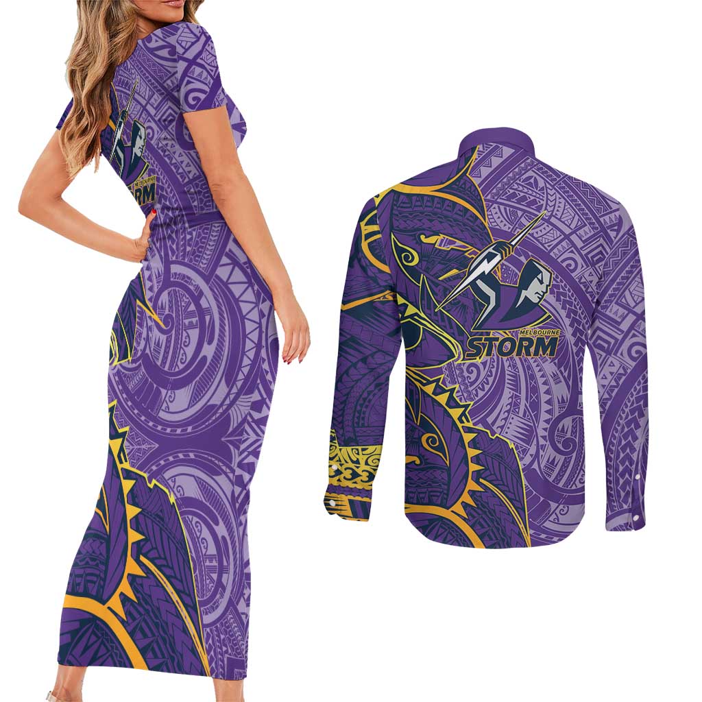 Melbourne Storm Couples Matching Short Sleeve Bodycon Dress and Long Sleeve Button Shirt Polynesian Tribal Tattoo Pacific Sport Art