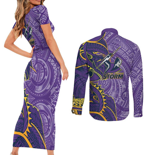 Melbourne Storm Couples Matching Short Sleeve Bodycon Dress and Long Sleeve Button Shirt Polynesian Tribal Tattoo Pacific Sport Art