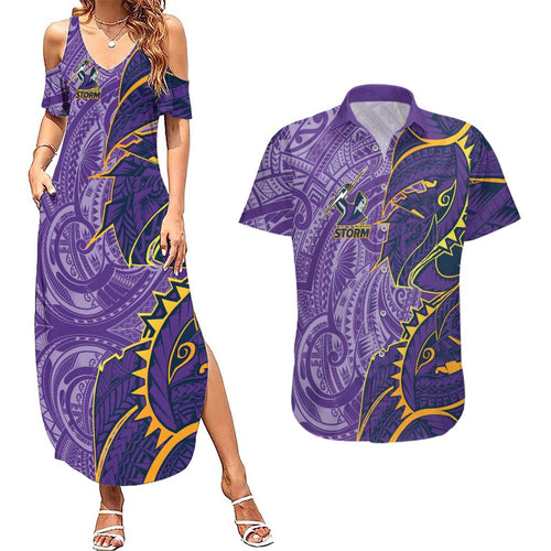 Melbourne Storm Couples Matching Summer Maxi Dress and Hawaiian Shirt Polynesian Tribal Tattoo Pacific Sport Art