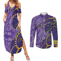 Melbourne Storm Couples Matching Summer Maxi Dress and Long Sleeve Button Shirt Polynesian Tribal Tattoo Pacific Sport Art