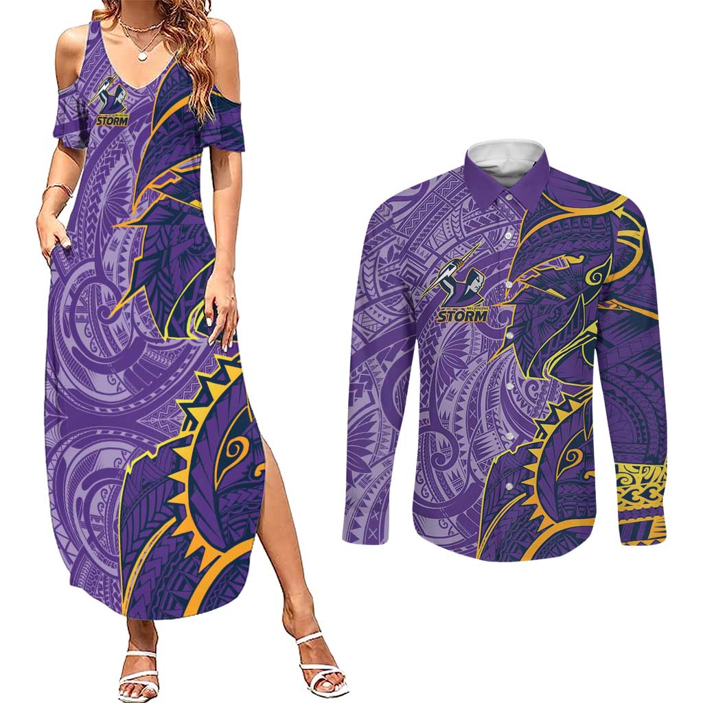 Melbourne Storm Couples Matching Summer Maxi Dress and Long Sleeve Button Shirt Polynesian Tribal Tattoo Pacific Sport Art