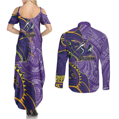 Melbourne Storm Couples Matching Summer Maxi Dress and Long Sleeve Button Shirt Polynesian Tribal Tattoo Pacific Sport Art