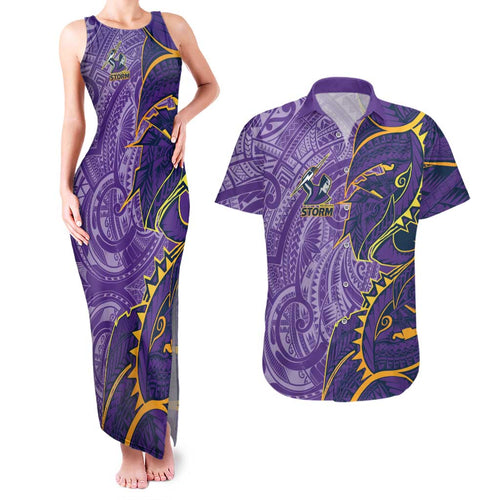 Melbourne Storm Couples Matching Tank Maxi Dress and Hawaiian Shirt Polynesian Tribal Tattoo Pacific Sport Art