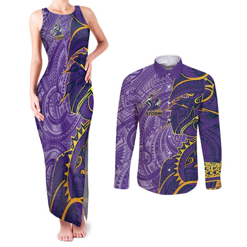 Melbourne Storm Couples Matching Tank Maxi Dress and Long Sleeve Button Shirt Polynesian Tribal Tattoo Pacific Sport Art