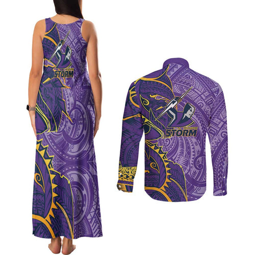 Melbourne Storm Couples Matching Tank Maxi Dress and Long Sleeve Button Shirt Polynesian Tribal Tattoo Pacific Sport Art