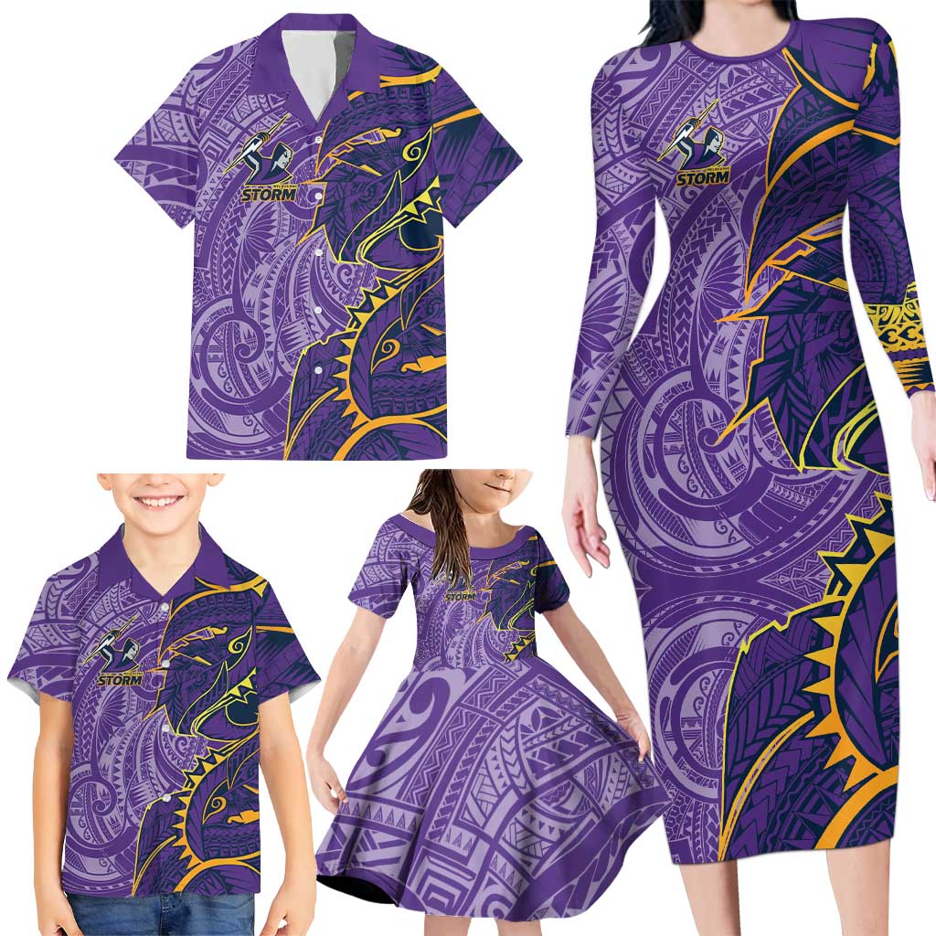 Melbourne Storm Family Matching Long Sleeve Bodycon Dress and Hawaiian Shirt Polynesian Tribal Tattoo Pacific Sport Art