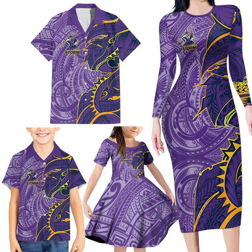 Melbourne Storm Family Matching Long Sleeve Bodycon Dress and Hawaiian Shirt Polynesian Tribal Tattoo Pacific Sport Art