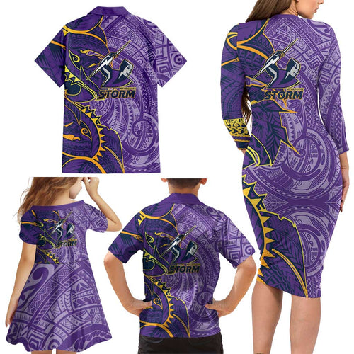Melbourne Storm Family Matching Long Sleeve Bodycon Dress and Hawaiian Shirt Polynesian Tribal Tattoo Pacific Sport Art