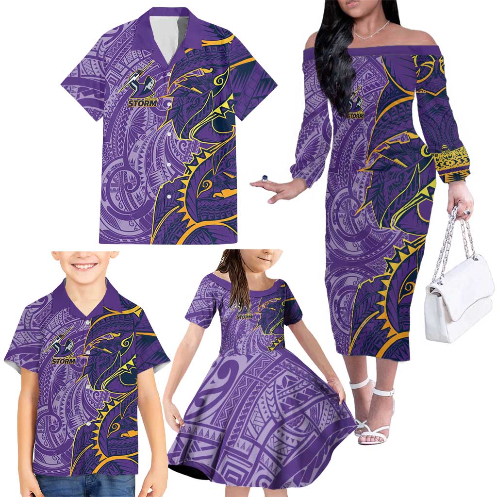 Melbourne Storm Family Matching Off The Shoulder Long Sleeve Dress and Hawaiian Shirt Polynesian Tribal Tattoo Pacific Sport Art