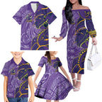 Melbourne Storm Family Matching Off The Shoulder Long Sleeve Dress and Hawaiian Shirt Polynesian Tribal Tattoo Pacific Sport Art