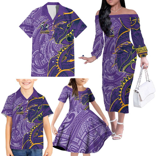 Melbourne Storm Family Matching Off The Shoulder Long Sleeve Dress and Hawaiian Shirt Polynesian Tribal Tattoo Pacific Sport Art