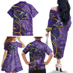 Melbourne Storm Family Matching Off The Shoulder Long Sleeve Dress and Hawaiian Shirt Polynesian Tribal Tattoo Pacific Sport Art