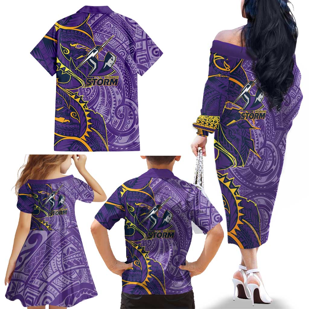 Melbourne Storm Family Matching Off The Shoulder Long Sleeve Dress and Hawaiian Shirt Polynesian Tribal Tattoo Pacific Sport Art