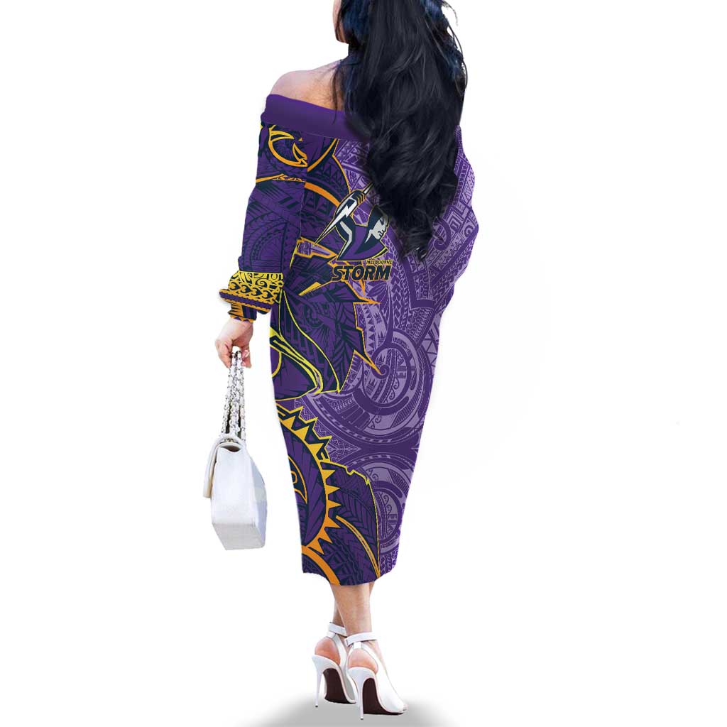 Melbourne Storm Family Matching Off The Shoulder Long Sleeve Dress and Hawaiian Shirt Polynesian Tribal Tattoo Pacific Sport Art