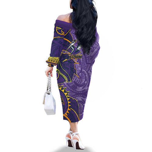Melbourne Storm Family Matching Off The Shoulder Long Sleeve Dress and Hawaiian Shirt Polynesian Tribal Tattoo Pacific Sport Art