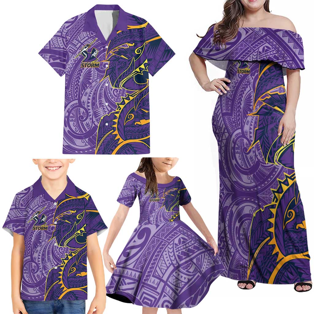 Melbourne Storm Family Matching Off Shoulder Maxi Dress and Hawaiian Shirt Polynesian Tribal Tattoo Pacific Sport Art