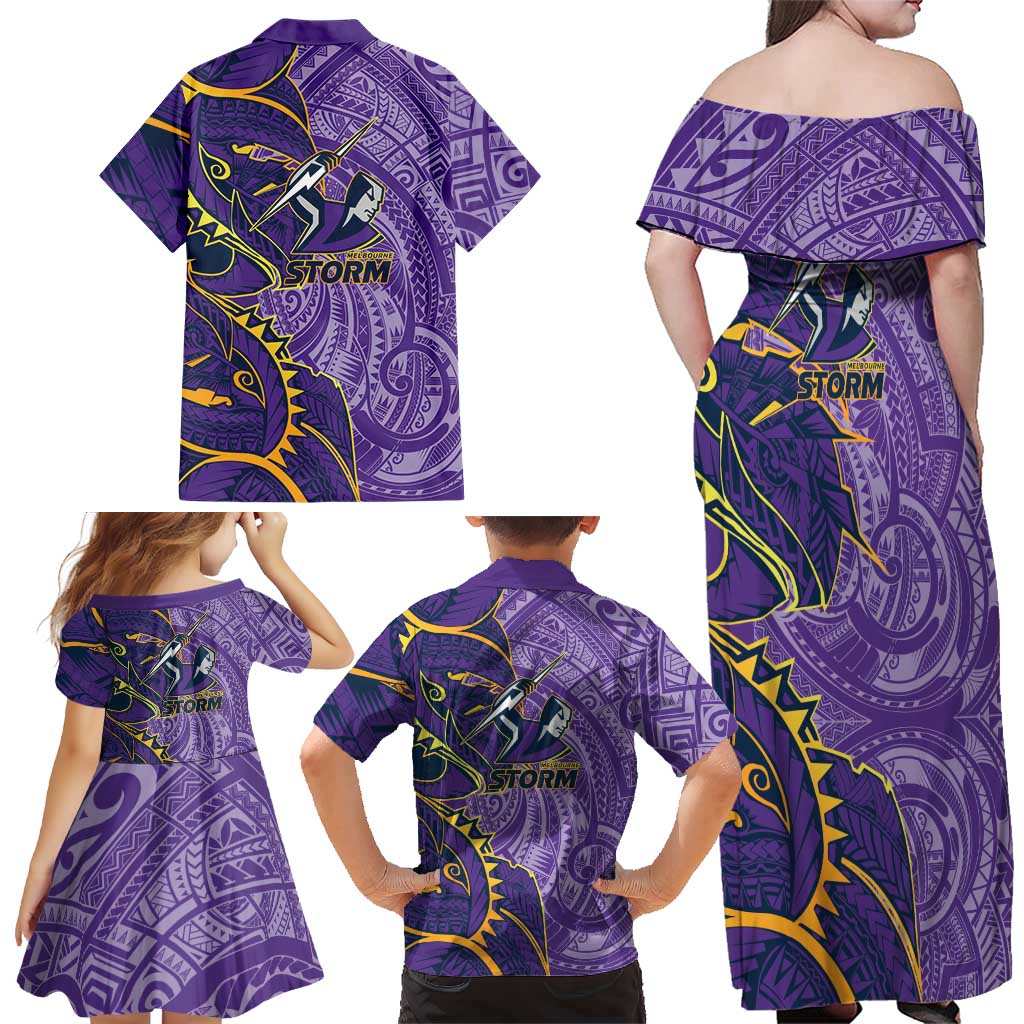 Melbourne Storm Family Matching Off Shoulder Maxi Dress and Hawaiian Shirt Polynesian Tribal Tattoo Pacific Sport Art