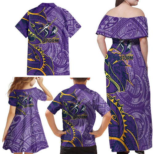 Melbourne Storm Family Matching Off Shoulder Maxi Dress and Hawaiian Shirt Polynesian Tribal Tattoo Pacific Sport Art
