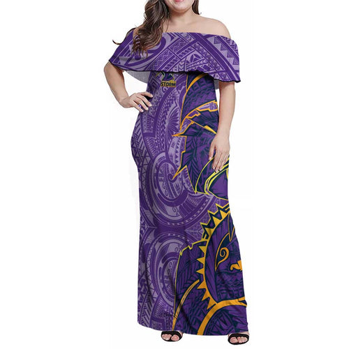 Melbourne Storm Family Matching Off Shoulder Maxi Dress and Hawaiian Shirt Polynesian Tribal Tattoo Pacific Sport Art