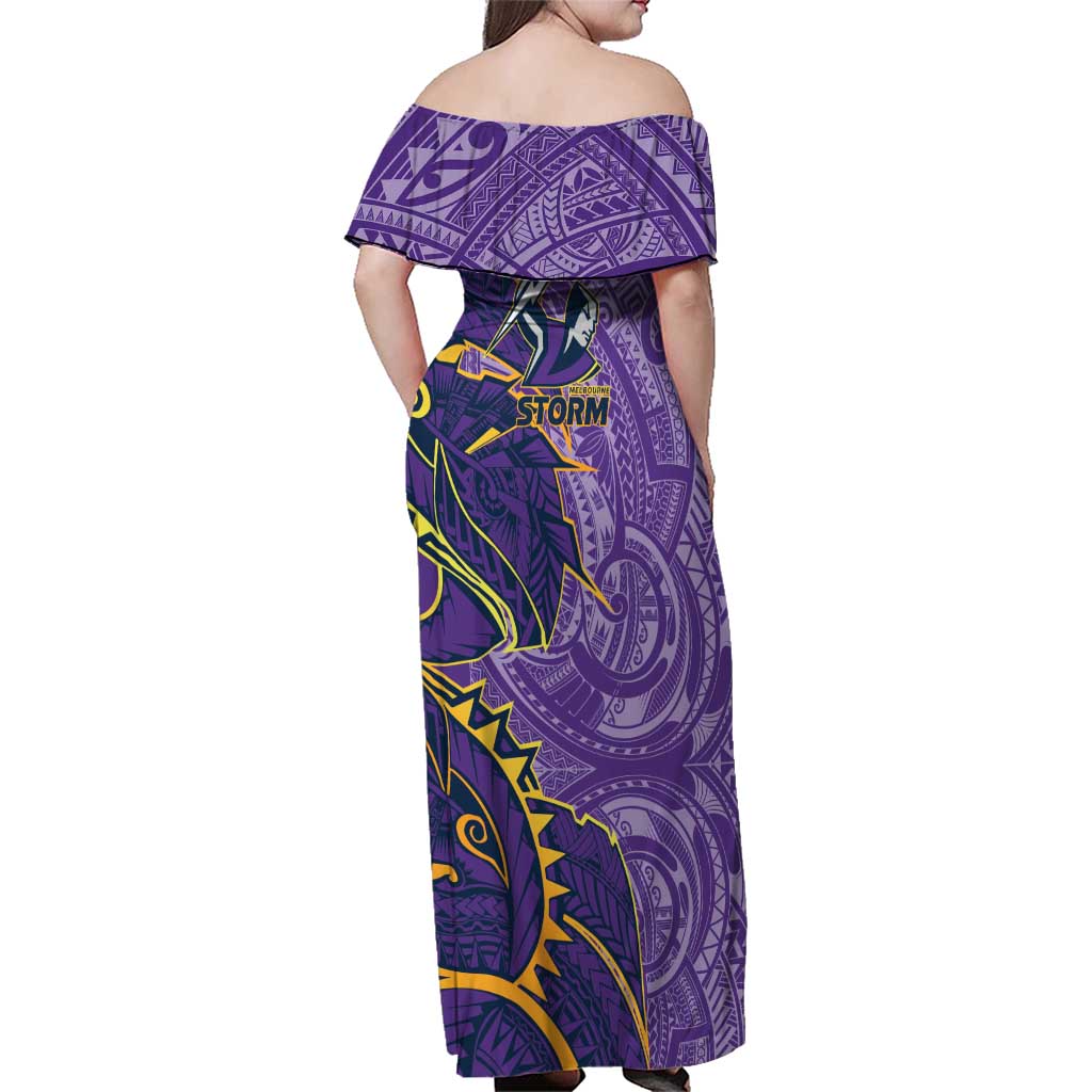 Melbourne Storm Family Matching Off Shoulder Maxi Dress and Hawaiian Shirt Polynesian Tribal Tattoo Pacific Sport Art