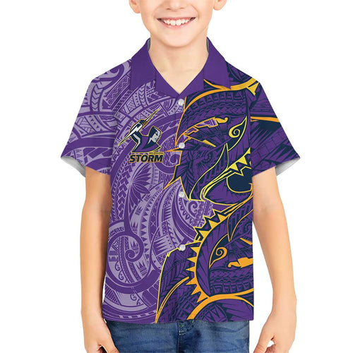 Melbourne Storm Family Matching Off Shoulder Maxi Dress and Hawaiian Shirt Polynesian Tribal Tattoo Pacific Sport Art