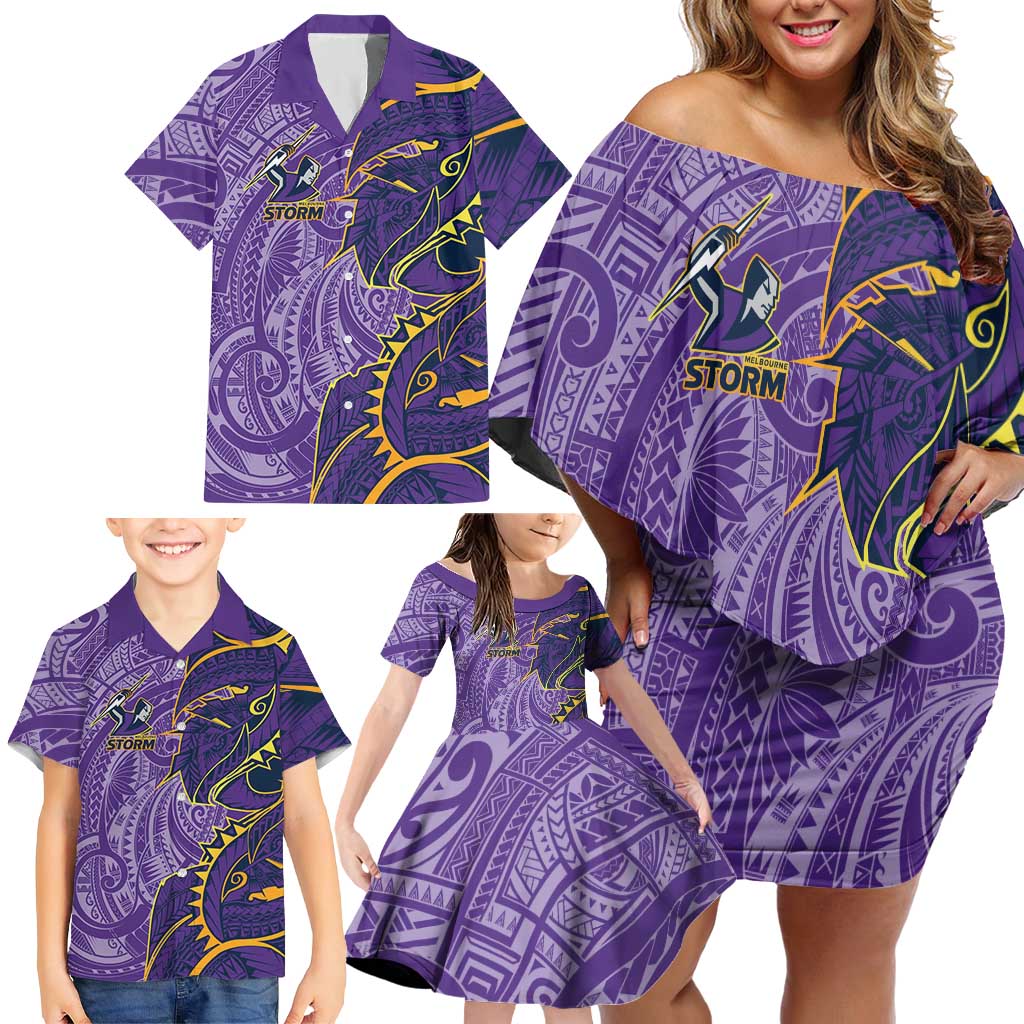 Melbourne Storm Family Matching Off Shoulder Short Dress and Hawaiian Shirt Polynesian Tribal Tattoo Pacific Sport Art