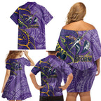 Melbourne Storm Family Matching Off Shoulder Short Dress and Hawaiian Shirt Polynesian Tribal Tattoo Pacific Sport Art