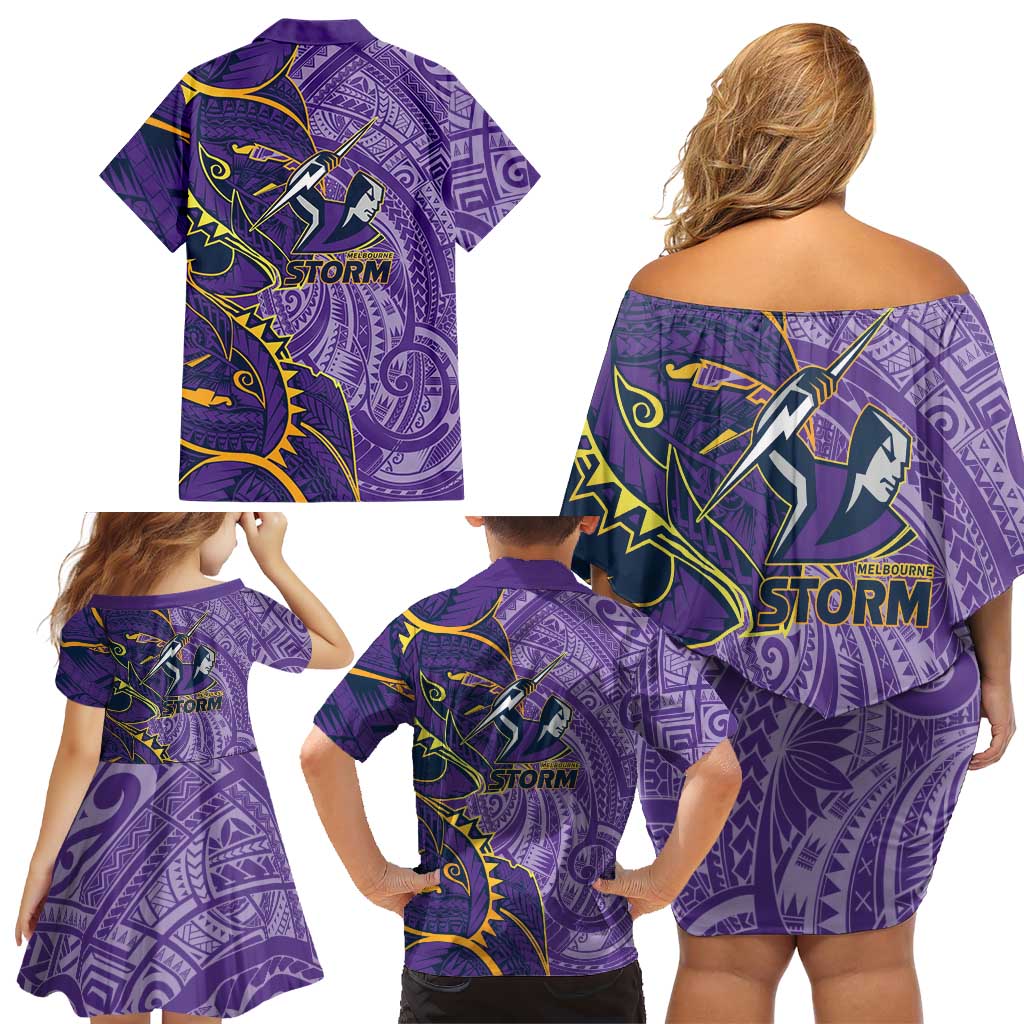 Melbourne Storm Family Matching Off Shoulder Short Dress and Hawaiian Shirt Polynesian Tribal Tattoo Pacific Sport Art