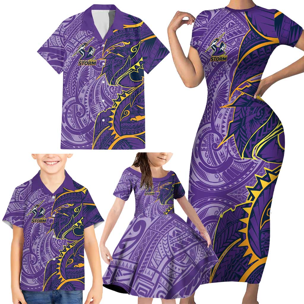 Melbourne Storm Family Matching Short Sleeve Bodycon Dress and Hawaiian Shirt Polynesian Tribal Tattoo Pacific Sport Art