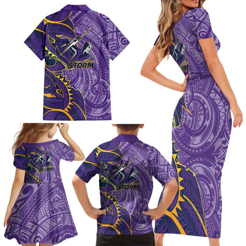 Melbourne Storm Family Matching Short Sleeve Bodycon Dress and Hawaiian Shirt Polynesian Tribal Tattoo Pacific Sport Art