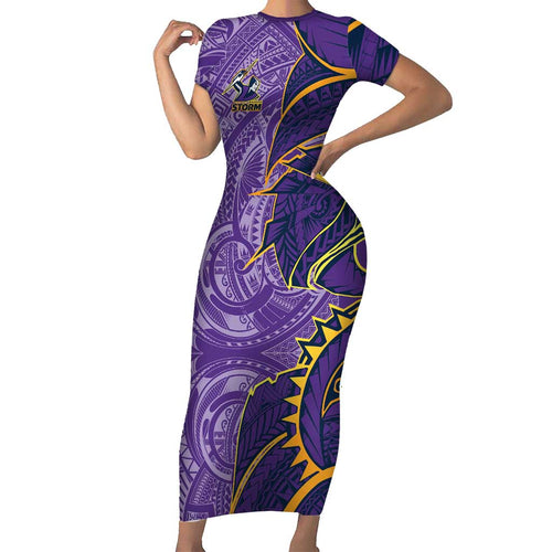 Melbourne Storm Family Matching Short Sleeve Bodycon Dress and Hawaiian Shirt Polynesian Tribal Tattoo Pacific Sport Art