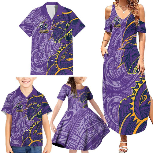 Melbourne Storm Family Matching Summer Maxi Dress and Hawaiian Shirt Polynesian Tribal Tattoo Pacific Sport Art