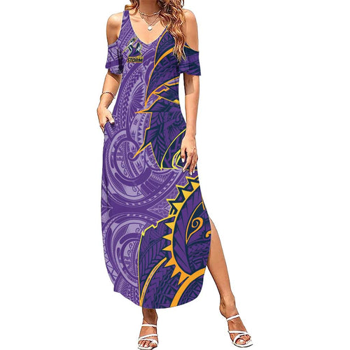 Melbourne Storm Family Matching Summer Maxi Dress and Hawaiian Shirt Polynesian Tribal Tattoo Pacific Sport Art