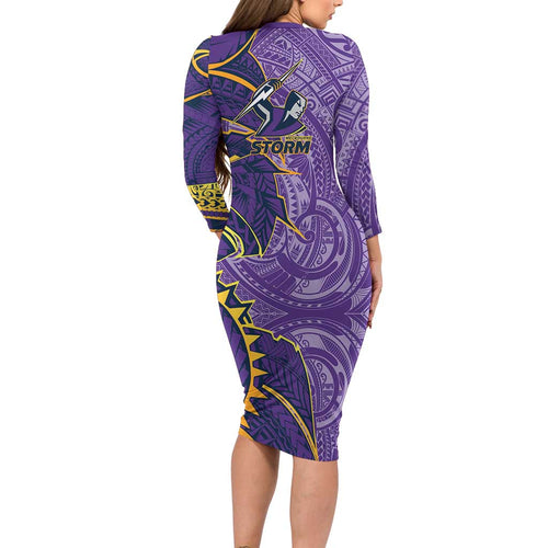 Melbourne Storm Long Sleeve Bodycon Dress Polynesian Tribal Tattoo Pacific Sport Art