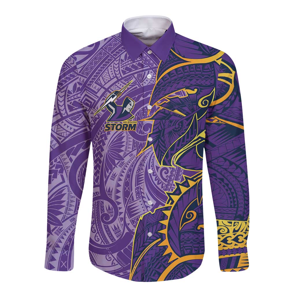 Melbourne Storm Long Sleeve Button Shirt Polynesian Tribal Tattoo Pacific Sport Art
