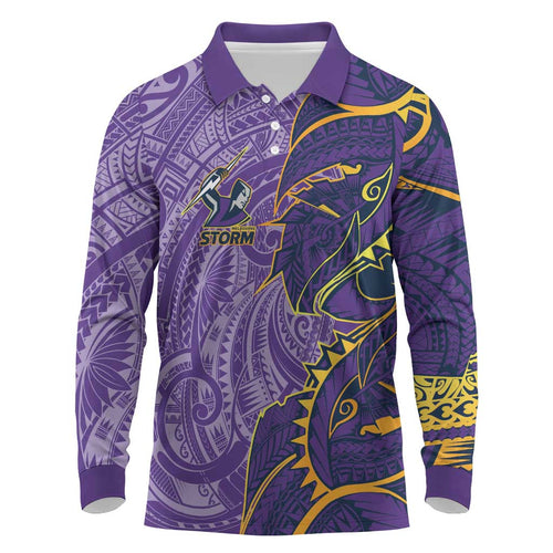 Melbourne Storm Long Sleeve Polo Shirt Polynesian Tribal Tattoo Pacific Sport Art